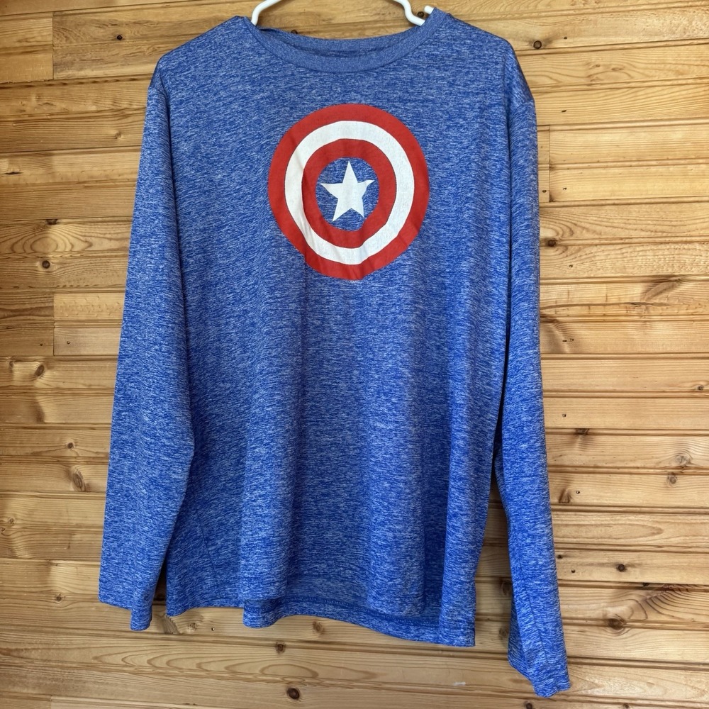 Marvel Captain America Shirt Long Sleeve Performance Blue Space Dye XL Superhero